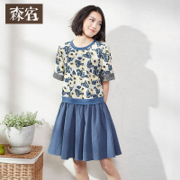 宽松复古文艺中袖女短裙子春秋装碎花印花假两件连衣裙-617006