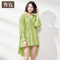 宽松文艺休闲复古深V领连衣裙春秋装白色棉麻短裙女裙子-617032