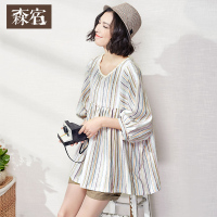 宽松民族风条纹娃娃衫春秋装七分袖流苏亚麻衬衫女中长款-614011