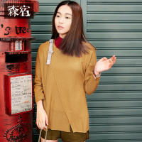 春秋装女宽松文艺不规则开衩纯色套头低圆领针织衫女-639004