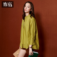 春秋装女衬衣荷叶边上衣纯棉前短后长衬衣纯色立领衬衫女634114_1