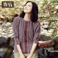 春秋装女通勤文艺宽松蕾丝拼接圆领针织长袖套头卫衣女521036