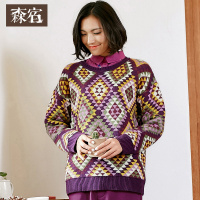 秋冬女宽松复古文艺范格子圆领套头毛衣女中长款549653