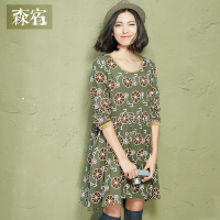 秋装女修身清单排扣复古范棉麻印花连衣裙长袖女短裙子-547230_1