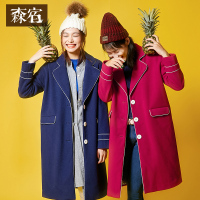 纯色冬装女文艺撞色翻领呢大衣学院风毛呢外套女加长款-642096