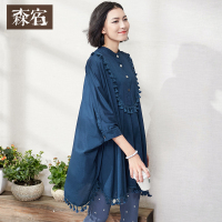春秋装宽松复古立领七分袖纯棉流苏民族风连衣裙短裙子-617058