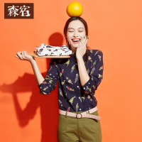 春秋装女士百搭棉质衬衣趣味印花学院风立领长袖衬衫女634076