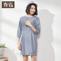 春秋装女宽松复古小清新休闲格子七分袖连衣裙女短裙-617016