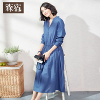 秋装女新款宽松腰文艺V领显瘦长袖纯色连衣裙中长裙子-617004