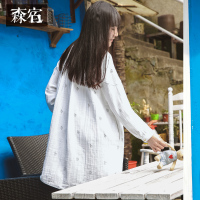 秋装宽松复古印花立领纯棉纯色宽松腰插肩袖连衣裙女-617052