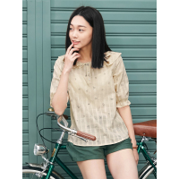 夏装衬衣宽松文艺灯笼袖淑女印花棉质荷叶领衬衫女中袖-624180