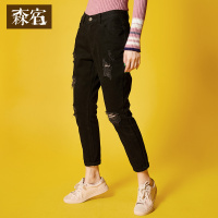 春秋装女裤子文艺复古显瘦百搭直筒裤破洞纯棉休闲裤女638025
