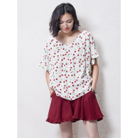 夏装女士衬衣宽松V领娃娃衫甜美亚麻樱桃印花衬衫女短袖-614112