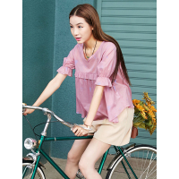 夏装女士衬衣宽松印花小清新娃娃衫木耳边纯棉衬衫女短袖-624023