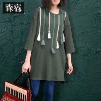 修身打底衫春秋装女新款宽松复古流苏七分袖纯棉连衣裙-637032