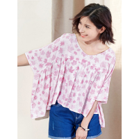 夏装女士衬衣宽松文艺套头娃娃衫高腰碎花V领衬衫女中袖-614115