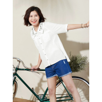 夏装女衬衣宽松文艺范直筒刺绣清新娃娃领白衬衫女中袖-624024
