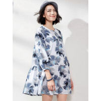 春秋装女宽松水墨印花民族风三粒扣七分袖连衣裙蛋糕裙-617031