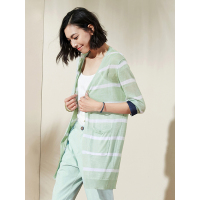 森宿Z主场作战夏装女士宽松条纹七分袖V领薄款针织衫女开衫中长款