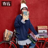 秋装女宽松文艺范荷叶边裙子学院条纹加绒卫衣连衣裙短裙子647025