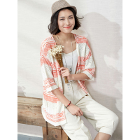 春秋装文艺宽松复古撞色条纹镂空七分袖开衫毛衣女中长款-619039