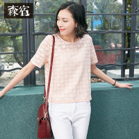 夏装女上衣宽松淑女文艺印花薄款短袖套头蕾丝衫女短款-624103