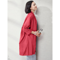 春秋装女士外套宽松纯棉复古文艺休闲翻领百搭风衣女长款-611041