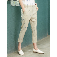 夏装女裤子七分裤显瘦麻料文艺刺绣亚麻哈伦裤休闲裤女-628017