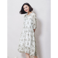 中裙夏装女宽松复古文艺范七分袖纯棉民族风碎花连衣裙-627123