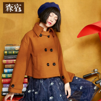 冬装女士文艺复古工装范纽扣纯色双排扣毛呢外套女短款-642104