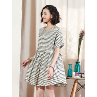 休闲复古文艺范夏装女裙短袖小清新插肩袖格子连衣裙短裙-627023