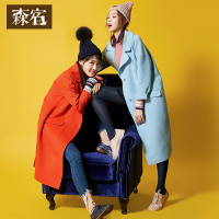 冬装女文艺双面呢大衣纯色宽松显瘦翻领毛呢外套女加长款-642074