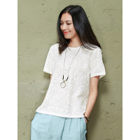 宽松清文艺纯色上衣夏装蕾丝提花针织白色T恤女短袖-514090