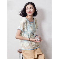 宽松纯色文艺复古上衣夏装甜美提花镂空套头短袖蕾丝衫女-614094