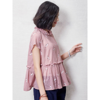 木耳边娃娃衫宽松印花衬衣夏装纯棉立领文艺范衬衫女短袖-614114