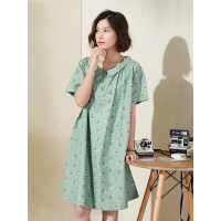 纯棉中长款裙子夏装女士宽松小清短袖娃娃领直筒连衣裙-627042