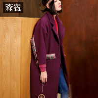 冬装女文艺范民族风九分袖呢大衣复古翻领毛呢外套女长款-642038