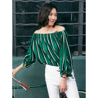 夏装女士宽松文艺OL衬衣一字领上衣条纹休闲衬衫女-624219