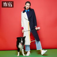 文艺含羊毛撞色翻领英伦风毛呢冬装外套长袖大衣女加长款-642072