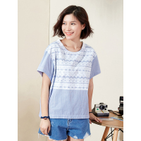短袖打底衫夏装女士宽松文艺蕾丝印花休闲竖条纹纯棉T恤女-624044