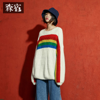 中长款宽松上衣秋冬装2017蝙蝠袖彩虹条套头毛衣女-739007