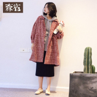 森宿长款呢子大衣冬装2017新款格子腰带灯笼袖毛呢外套女732058