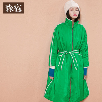 长款棉衣冬装新款包边宽松拉链腰带简约保暖棉服女-732016