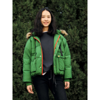 大口袋冬装撞色纽扣织带连帽带毛领直筒羽绒服女-732027