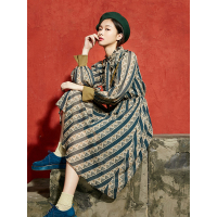 春装2017新款复古印花气质长袖木耳边休闲长款连衣裙女-737057