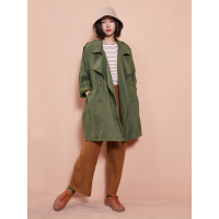 休闲外套春装文艺复古纯色大翻领腰带双排扣风衣外套女长款731034