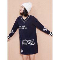 春装H型文艺学院针织提花宽松显瘦V领连衣裙女短裙子-737059