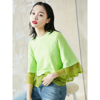 七分袖T恤夏装文艺休闲网孔拼接圆领撞色宽松喇叭袖T恤女-724045