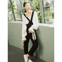 休闲九分裤子春装宽松复古高腰线背带休闲裤女-728034