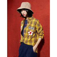 复古图案格子上衣春装文艺翻领贴布中长款休闲衬衫女-734106